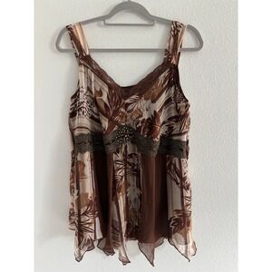 Vintage Silk Tank Top Womens 22/24 Brown Floral Print Lace Trimmed Y2K 90s Fairy